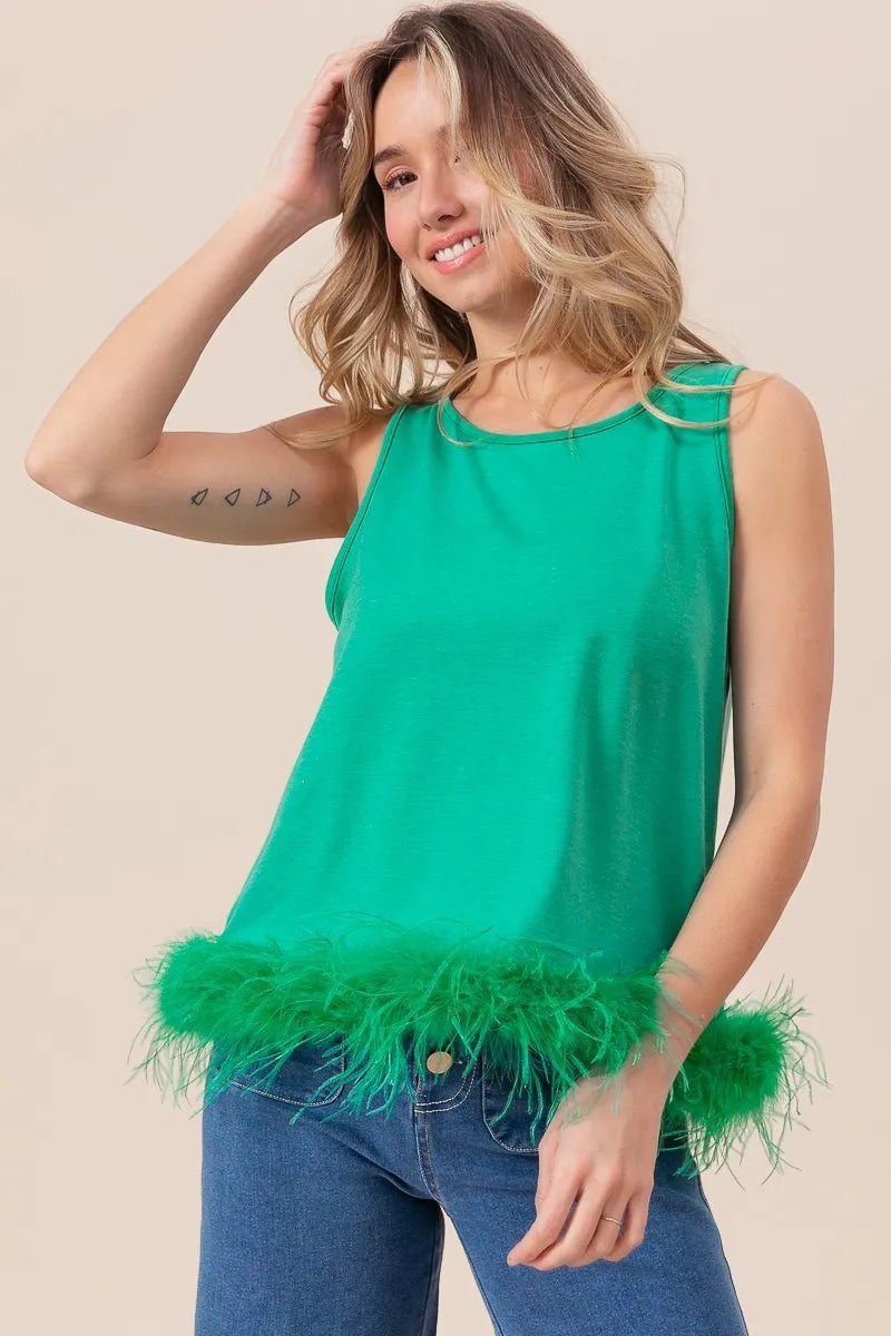 Trendsi BiBi French Terry faux feather bottom back tied crop top with long sleeves and stylish back tie detail.
