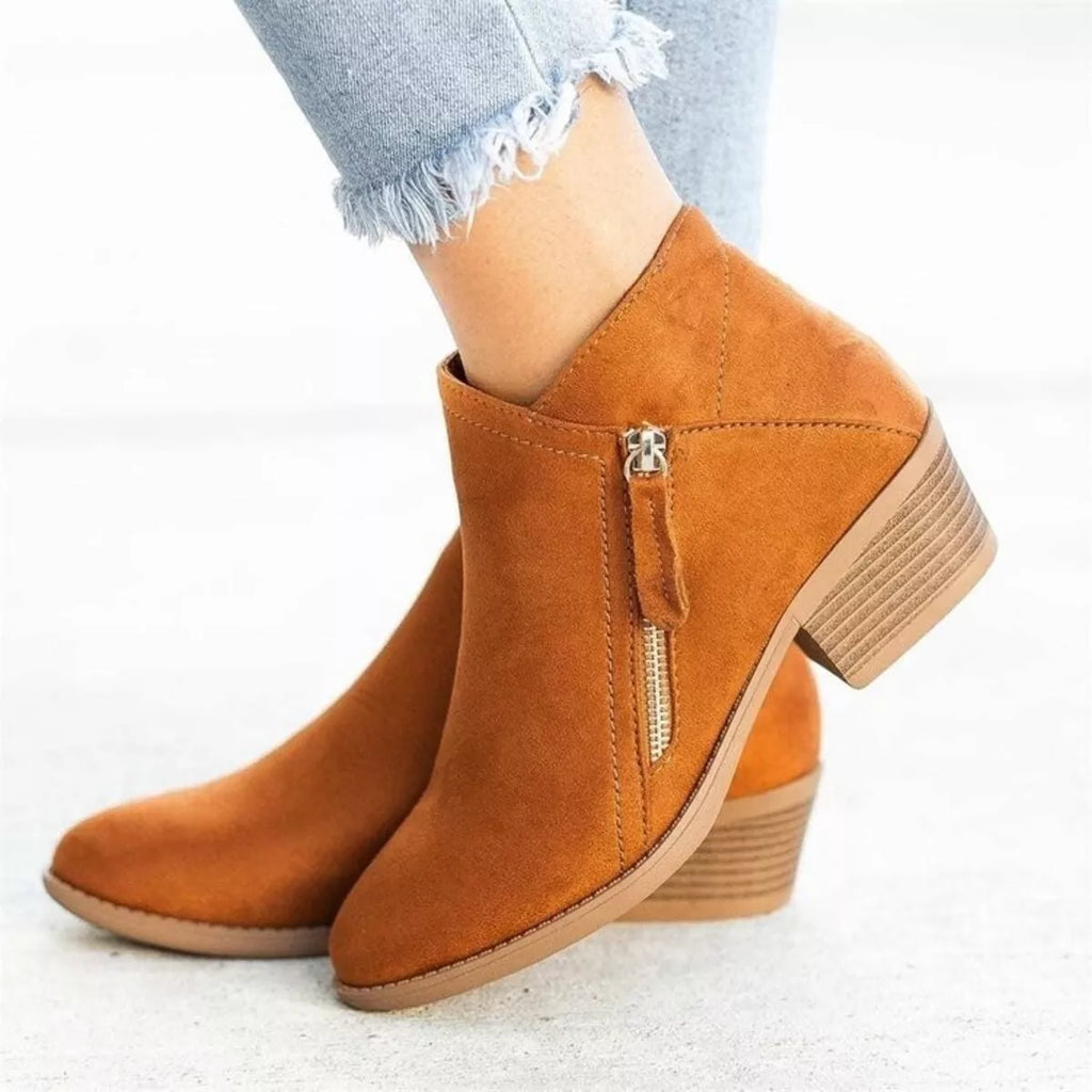 Round toe PU leather low block heel boots