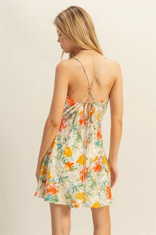 Floral cowl neck satin mini dress by HYFVE featuring a flirty design with a flowy silhouette and vibrant floral pattern.