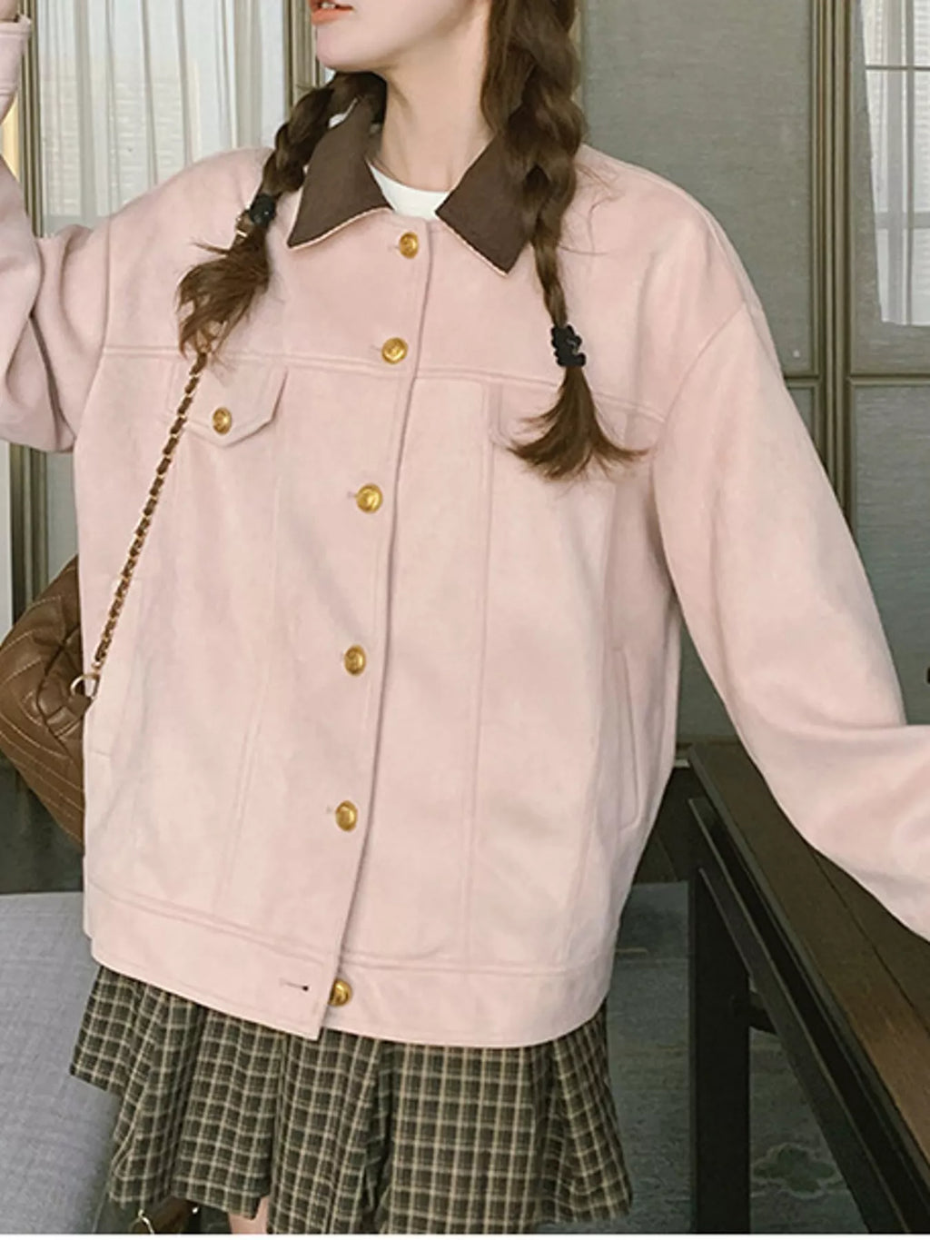 Pink suede button-up dropped shoulder jacket, view 5