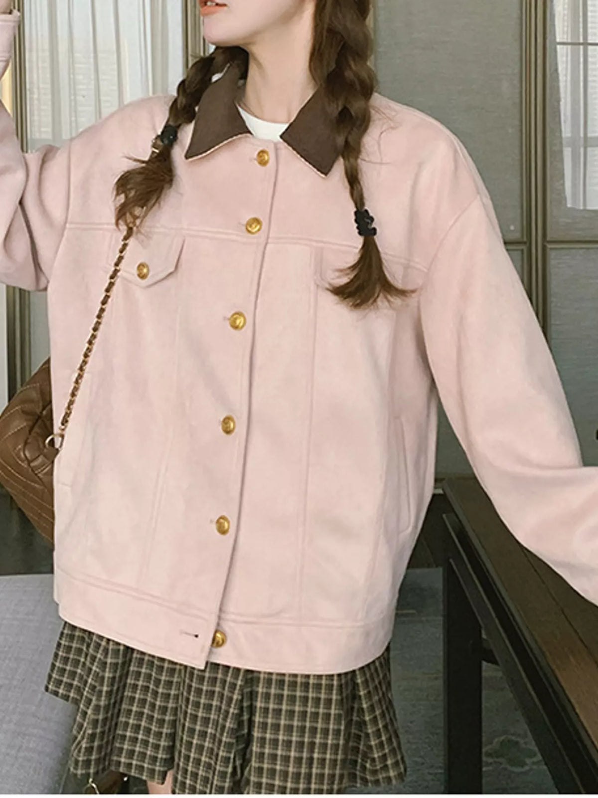 Pink suede button-up dropped shoulder jacket, view 5