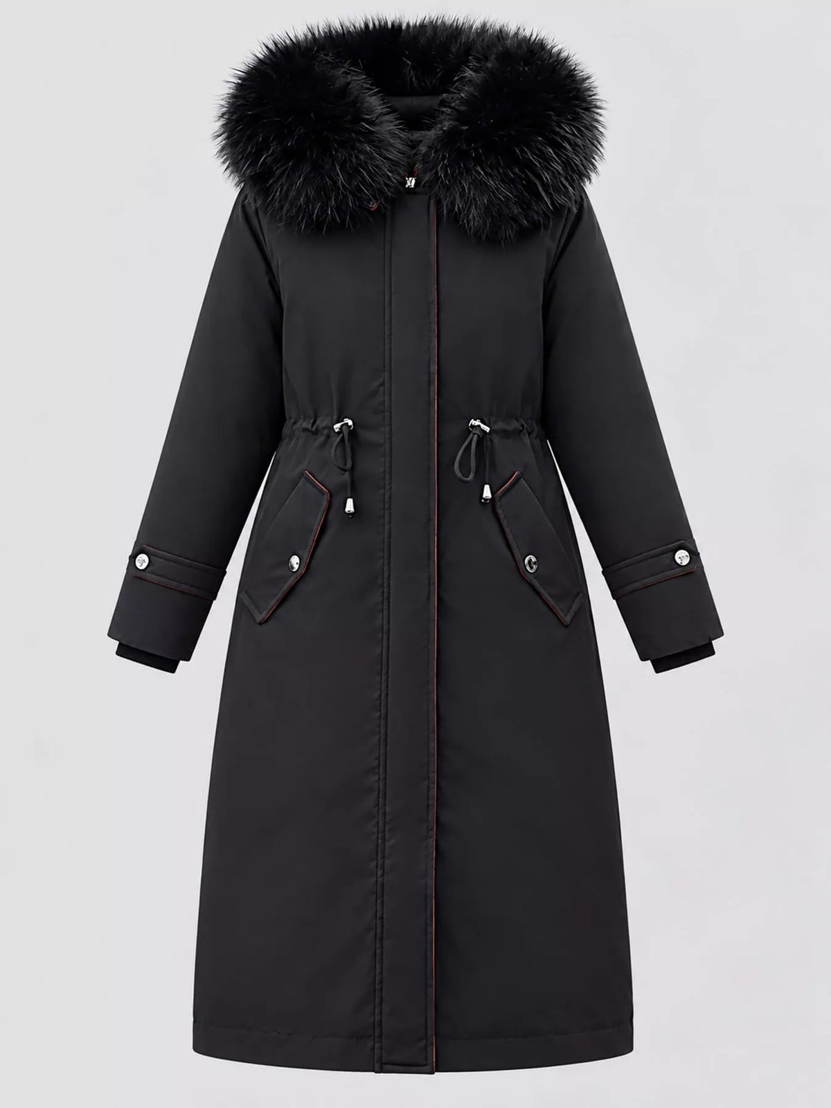 Longline hooded parka with faux fur trim and drawstring waist, view 12