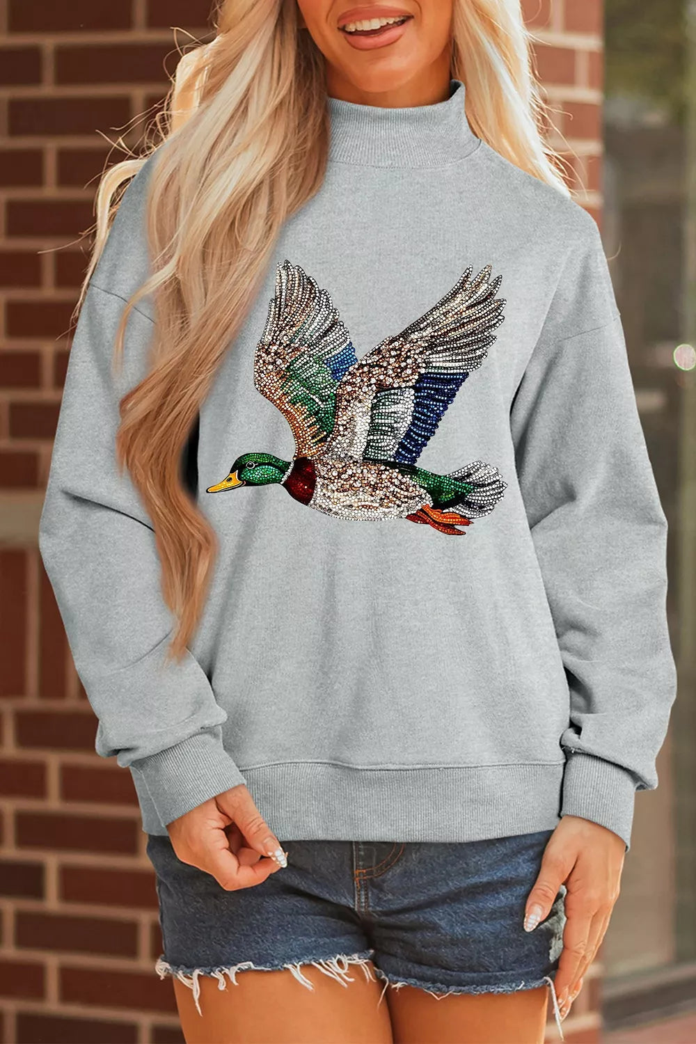 Gray oversized mock neck sweatshirt with western mallard duck print, view 6