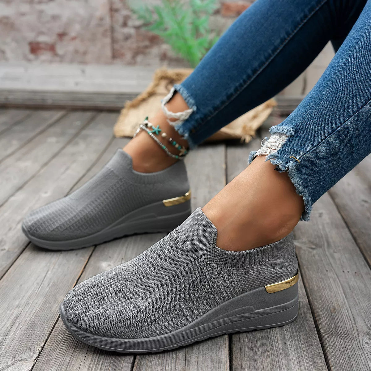 Mesh round toe wedge athletic shoes by Trendsi featuring breathable mesh material and a comfortable wedge sole.