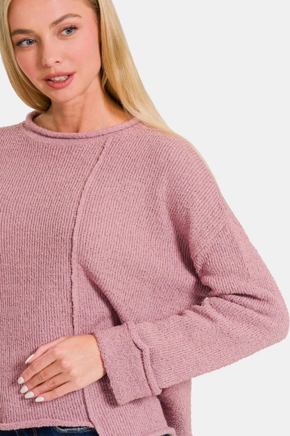 Trendsi Zenana asymmetric hem drop shoulder sweater with long sleeves and relaxed fit, featuring a stylish uneven hem detail.