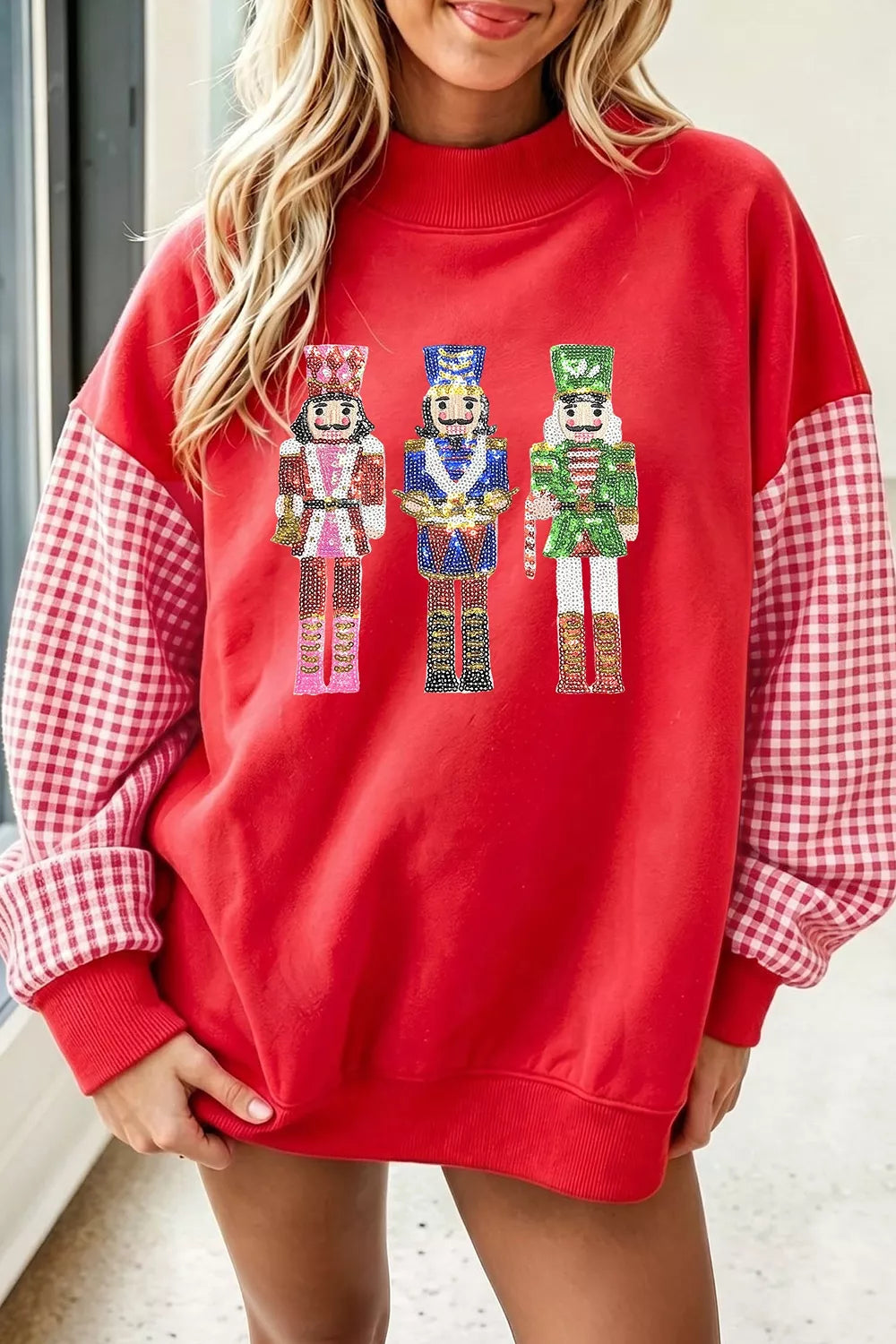 Deep red Christmas sweatshirt with sequin nutcracker, view 2