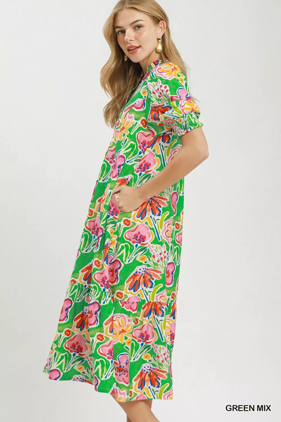 Floral print Umgee puff sleeve tiered midi dress with a flowy silhouette and feminine design, perfect for spring and summer wear.