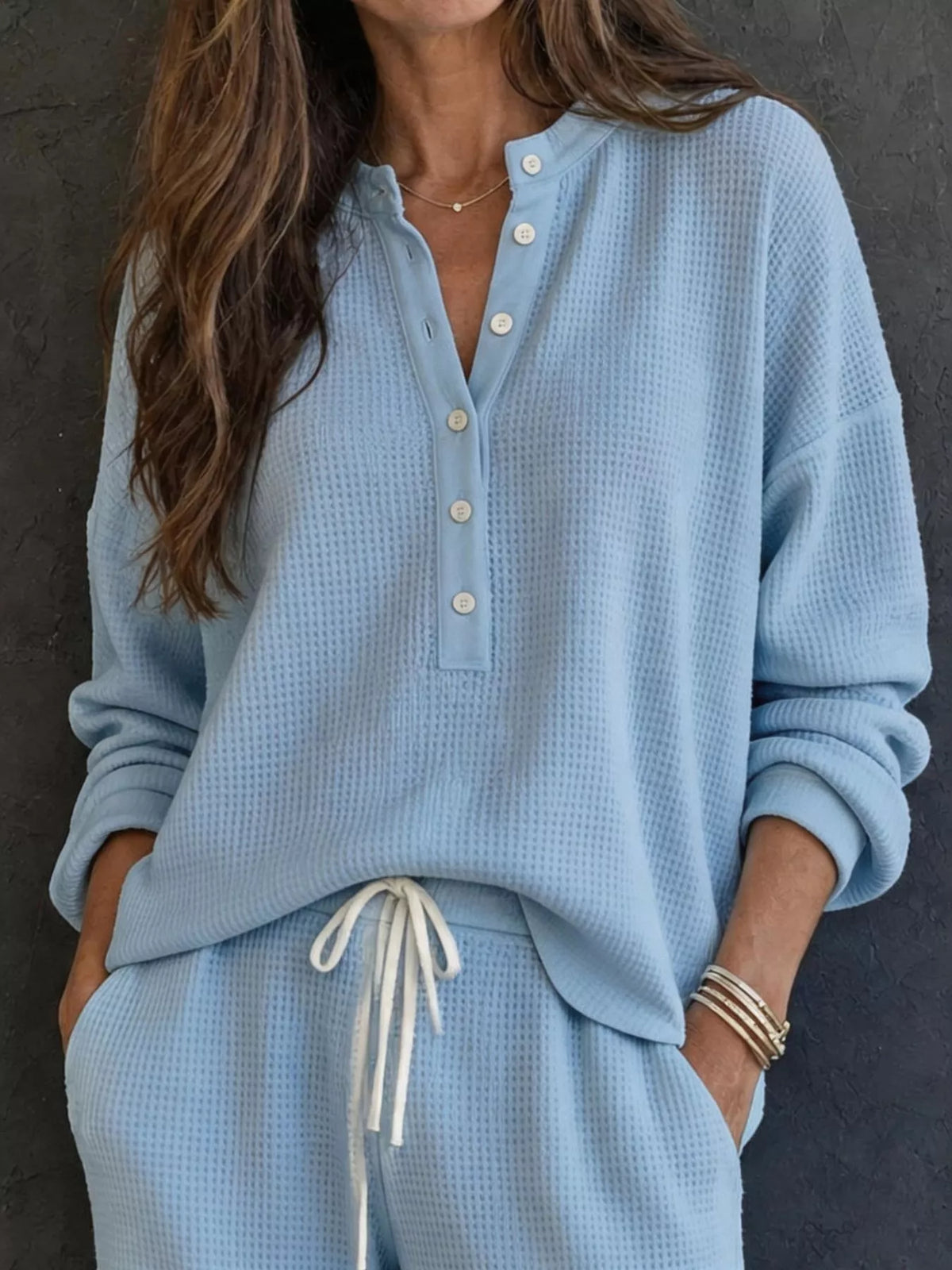 Waffle knit henley top and wide leg pants set, view 8
