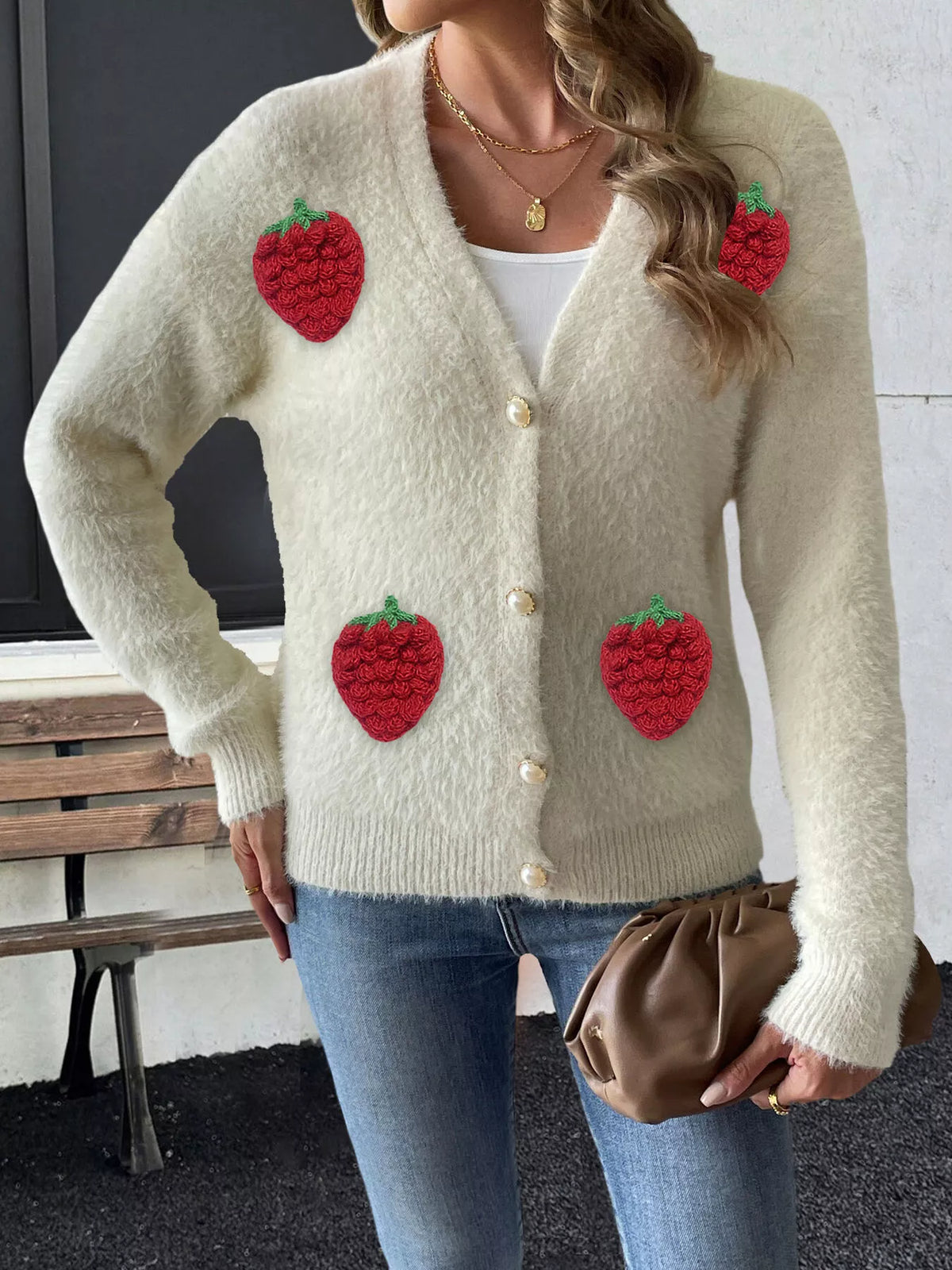 Fuzzy knit cardigan with strawberry appliques, view 2