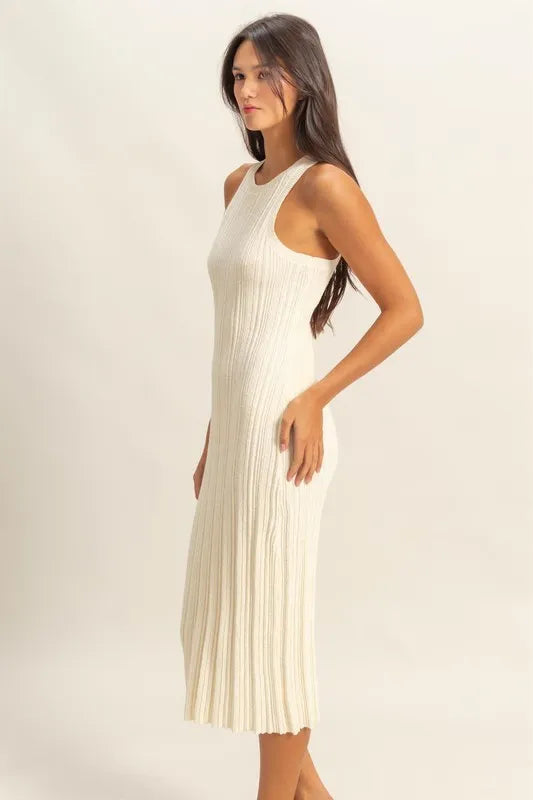 White round neck ribbed knit bodycon dress, view 2