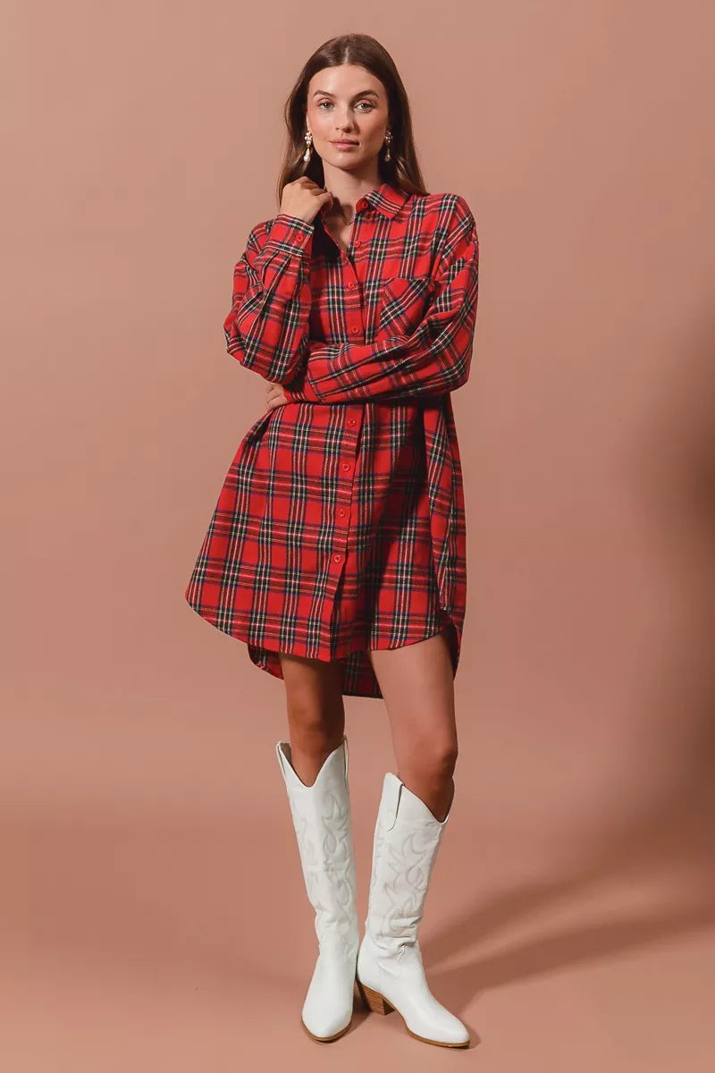 Red checker plaid button-up Christmas shirt dress, view 3