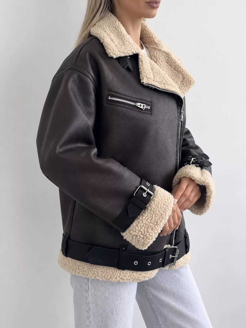 Dark brown faux leather zip-up jacket with belt, view 5