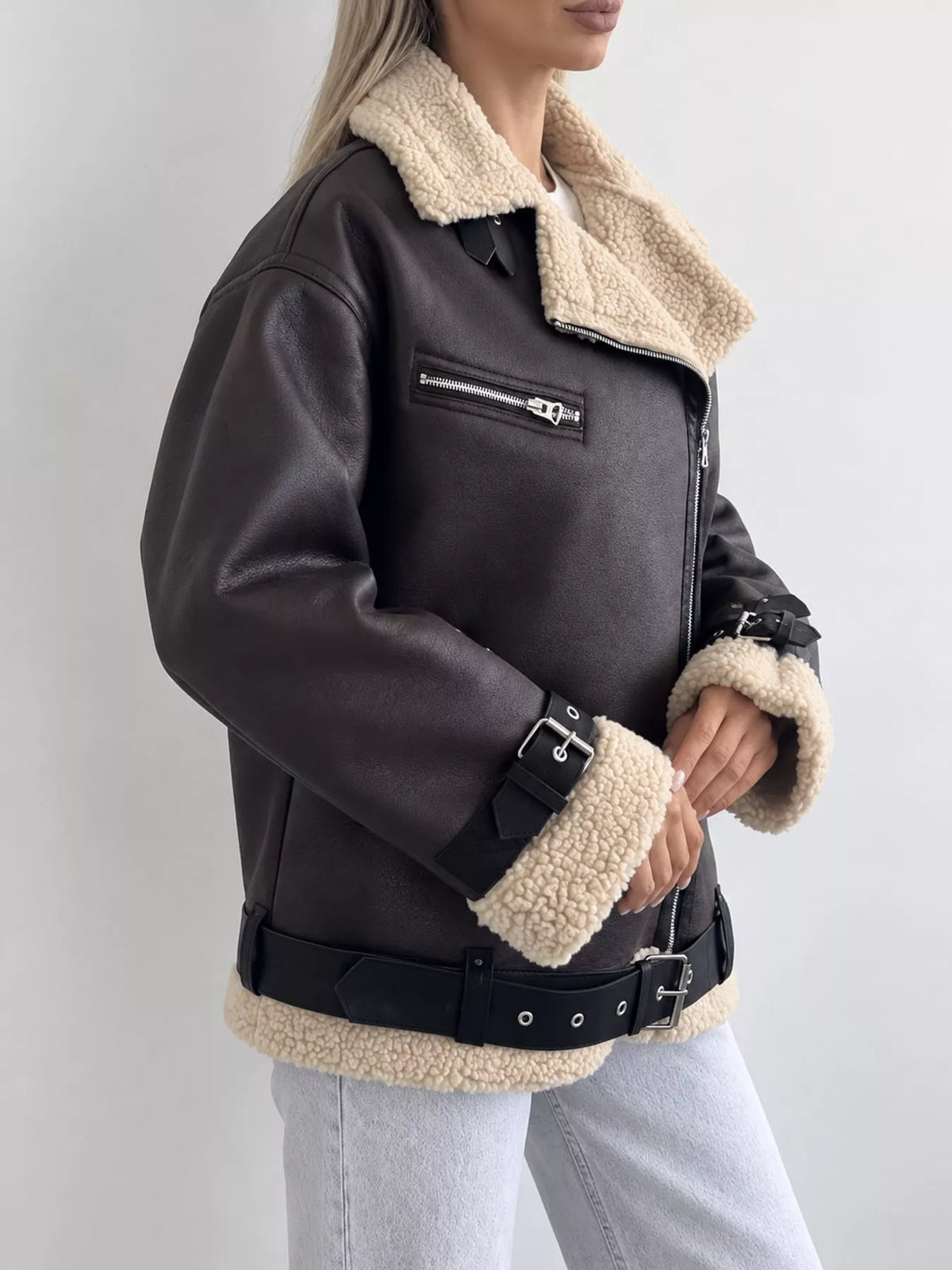 Dark brown faux leather zip-up jacket with belt, view 5