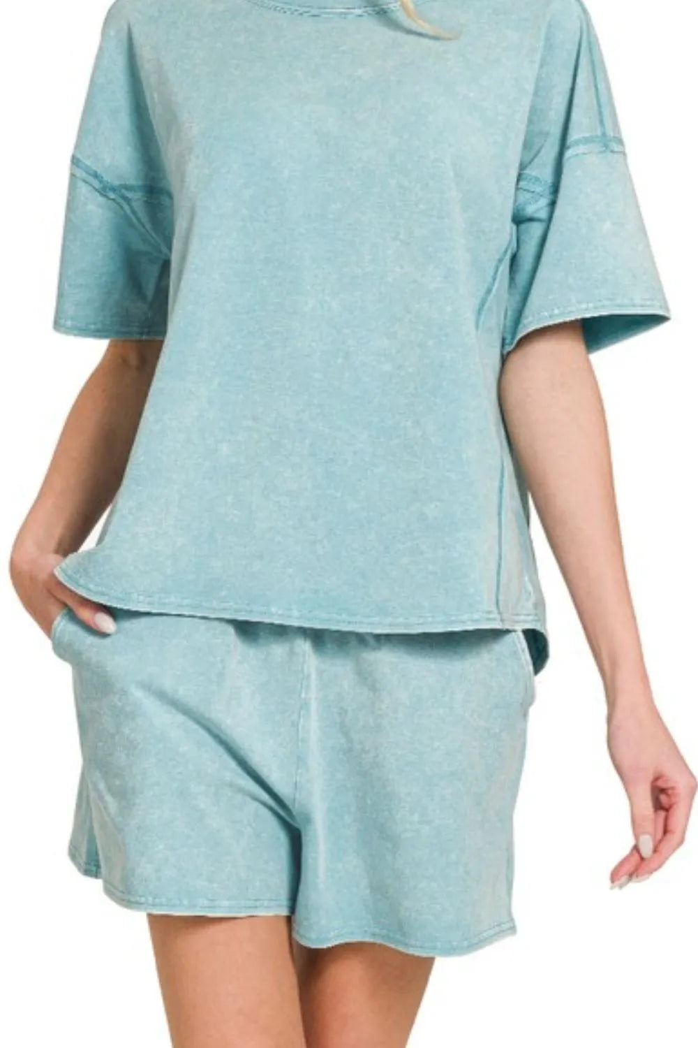 Acid washed short sleeve tee and shorts set by Trendsi, featuring a casual, relaxed fit in a trendy distressed style.