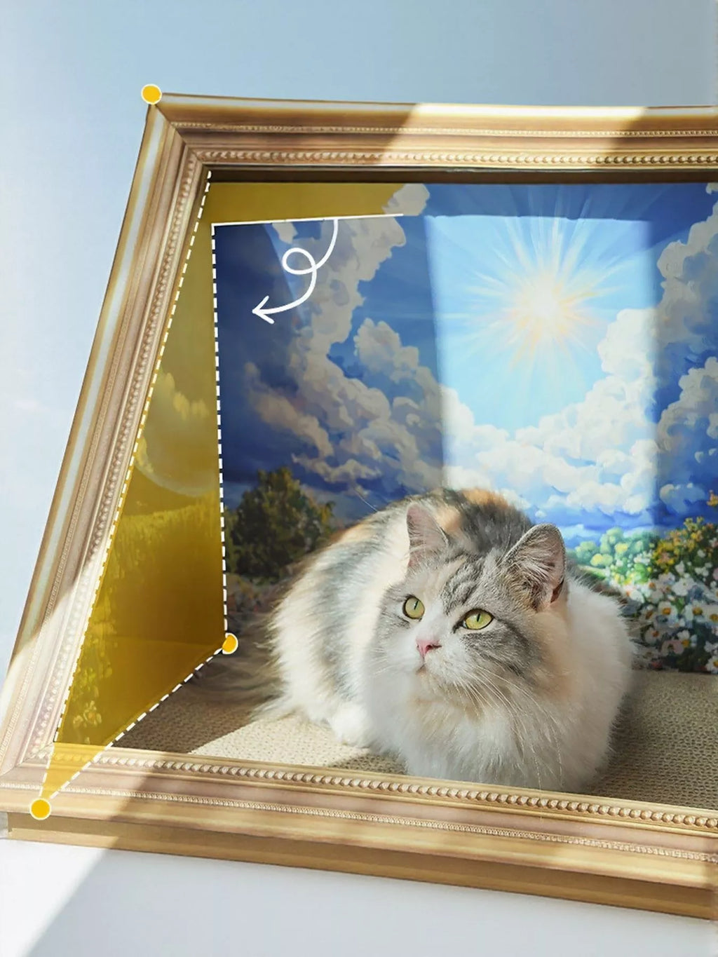 Artistic frame cat scratcher nest with woven texture and cozy interior, designed for cats to scratch and relax.