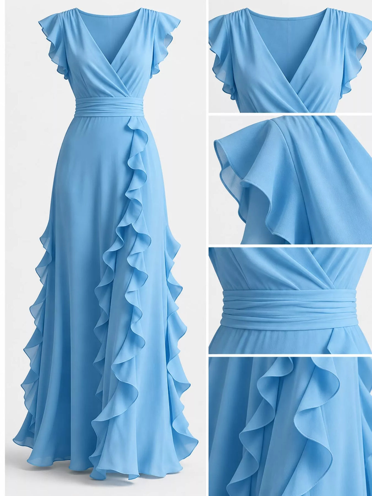Sleeveless ruffled surplice maxi dress in flowing fabric, featuring a stylish silhouette and elegant design by Trendsi.