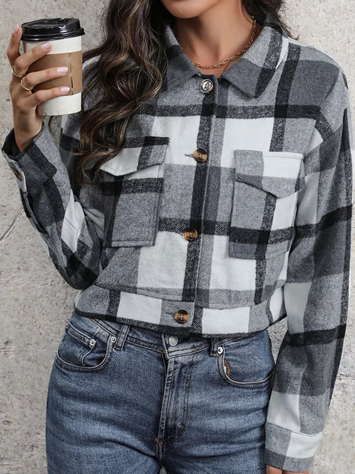 Plaid button-up cropped jacket, view 33