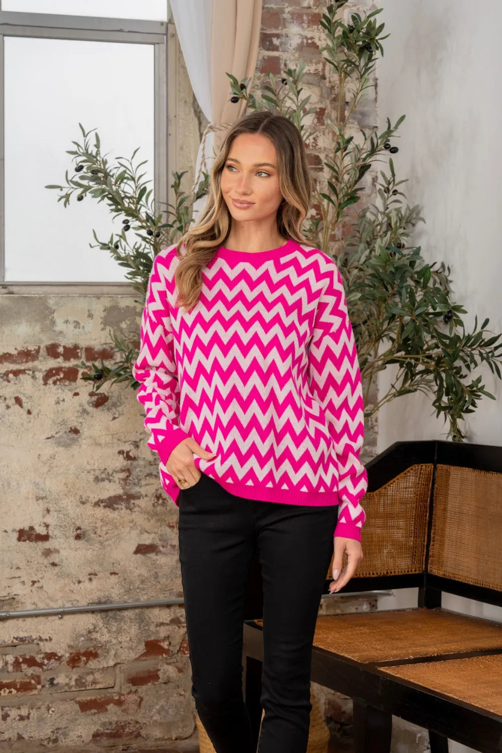 Full size Sew In Love wave stripe contrast long sleeve sweater by Trendsi, featuring a stylish striped pattern and cozy fabric.