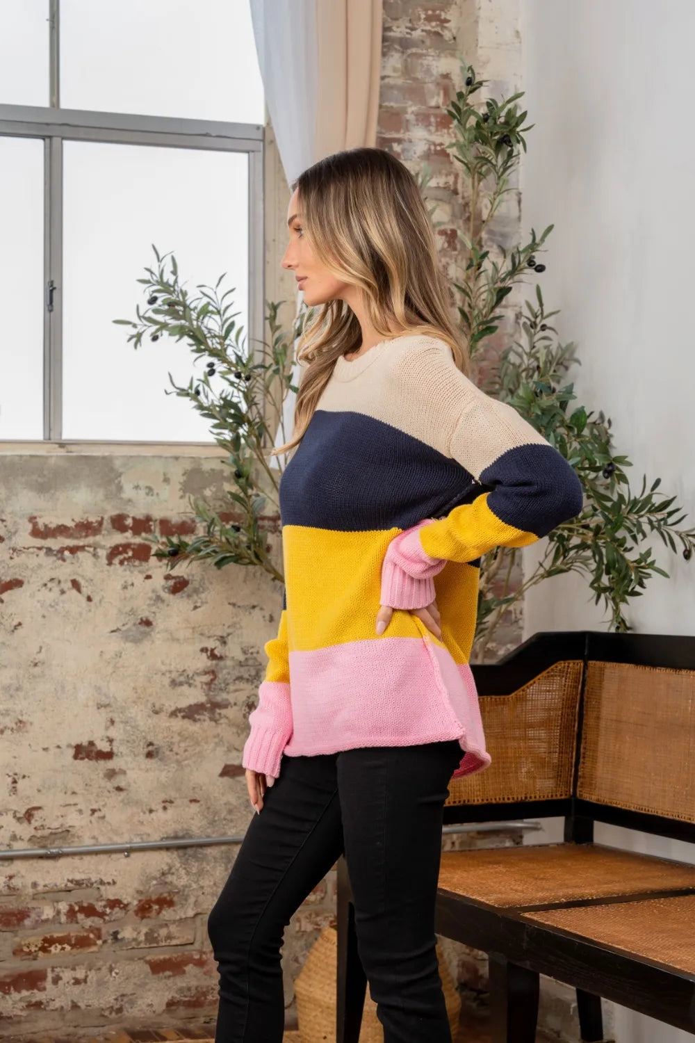 Color block Sew In Love full-size sweater with exposed seams, featuring a stylish and cozy knit design from Trendsi.