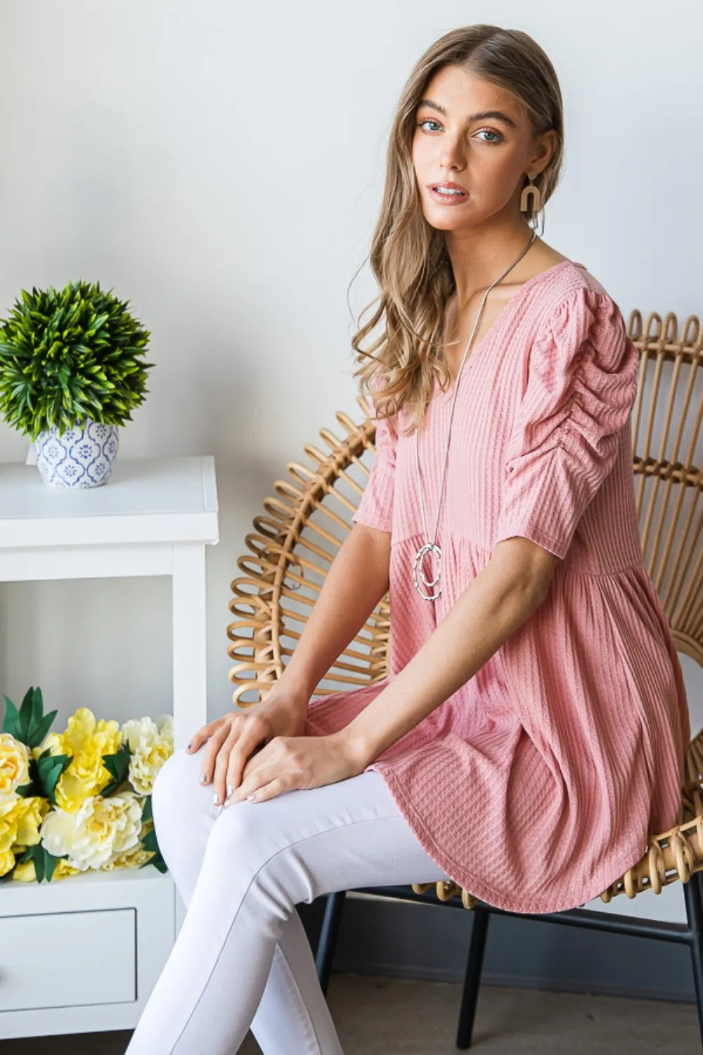 Heimish full size waffle knit V-neck babydoll top in soft fabric, featuring a relaxed fit and subtle V-neck design.