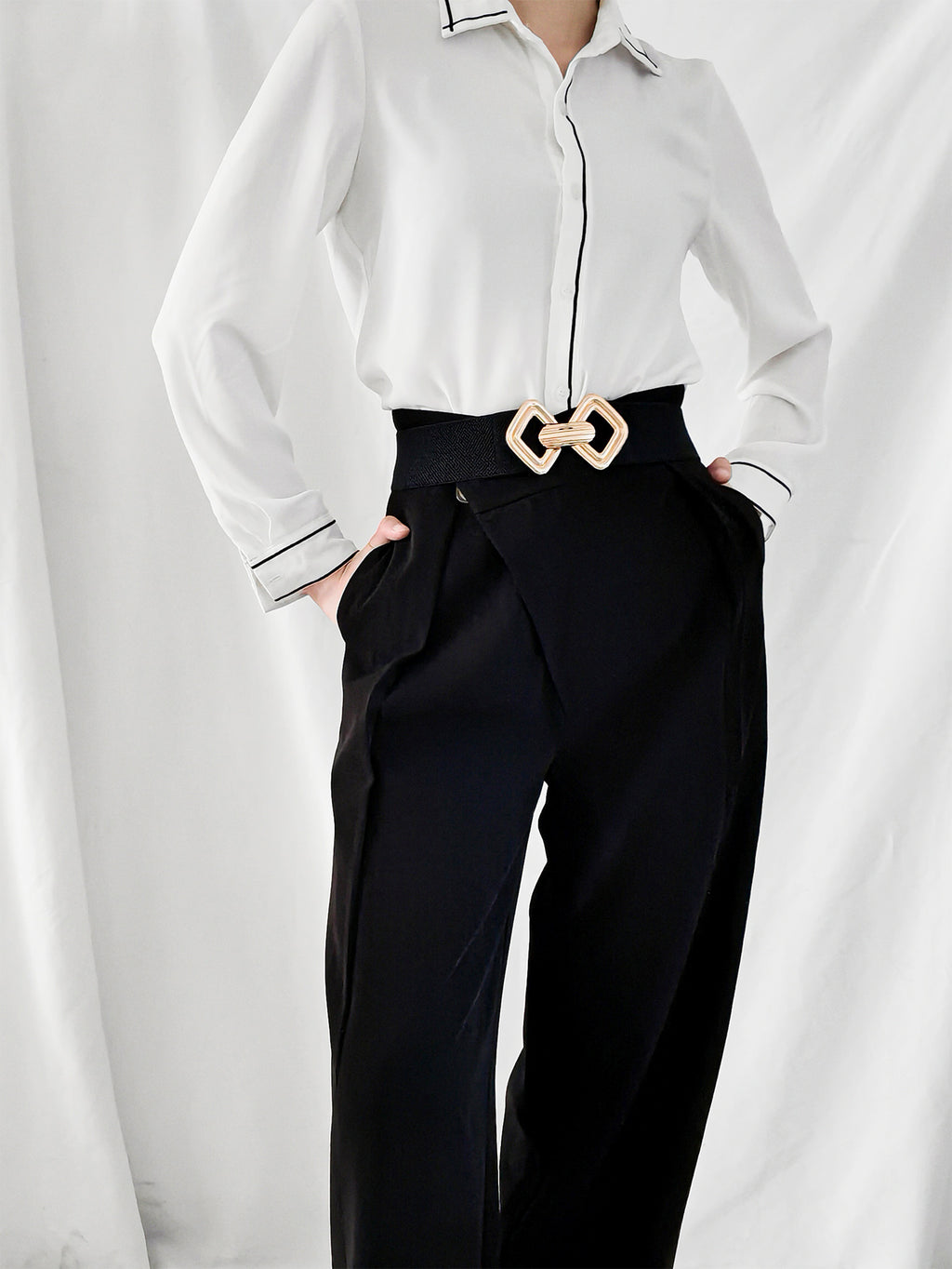 Wide elastic belt with geometric buckle, trendy fashion accessory from Trendsi, featuring a modern geometric design and adjustable fit.