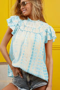 Trendi BiBi tiered ruffle neck tie-dye top with colorful layered design and ruffled neckline, casual and stylish women's blouse