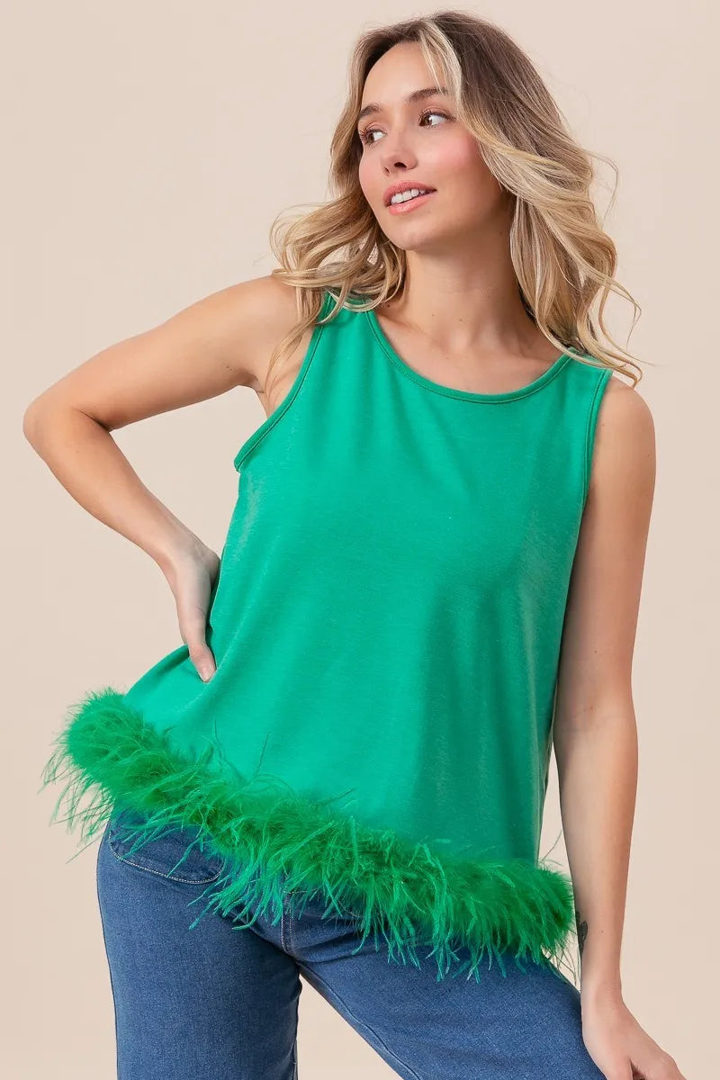 BiBi French Terry faux feather bottom back-tied top by Trendsi, featuring a casual design with feather accents and back tie detail.