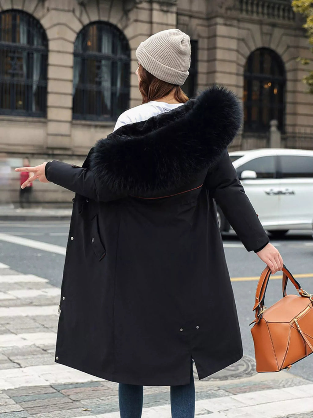 Longline hooded parka with faux fur trim and drawstring waist, view 14