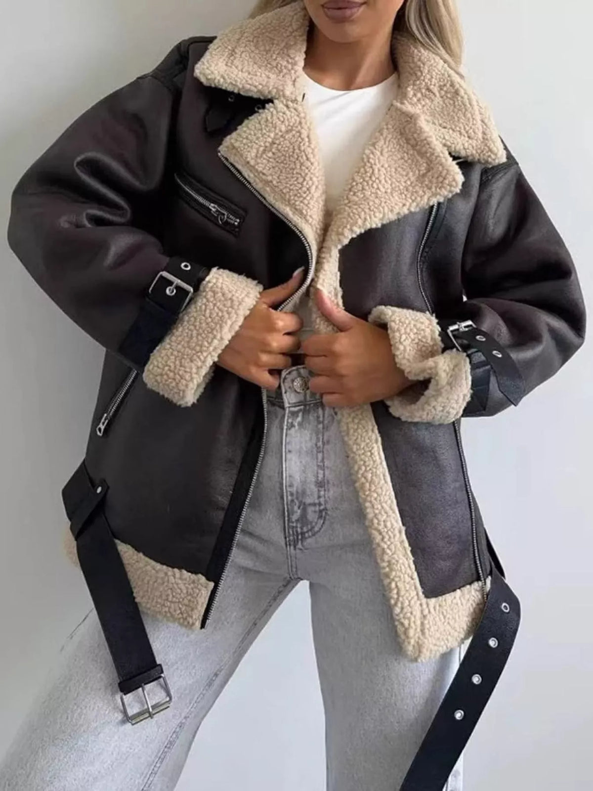 Dark brown faux leather zip-up jacket with belt, view 2