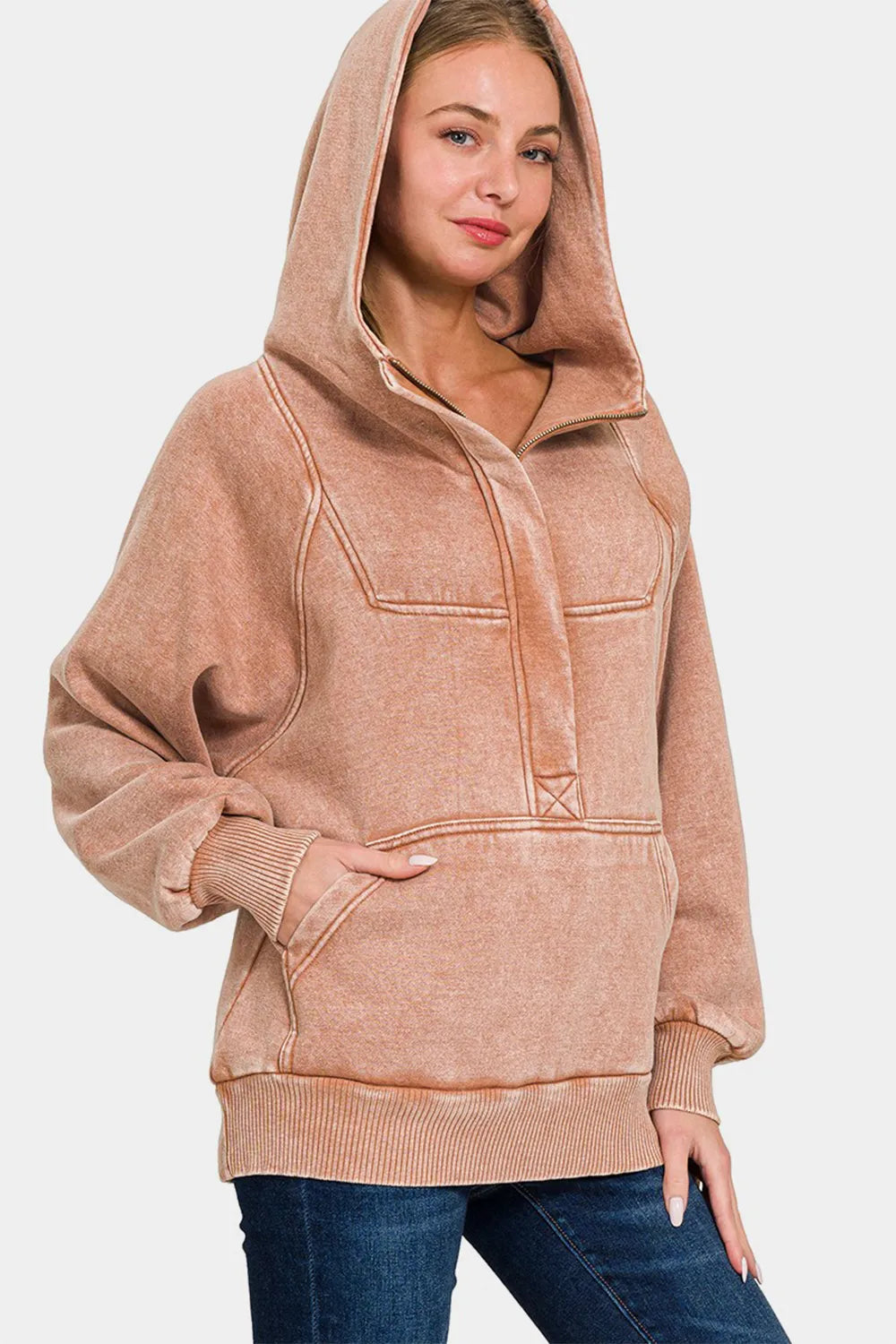 Acid wash fleece kangaroo hoodie by Trendsi, featuring a cozy, relaxed fit with a front pouch pocket and hood in a trendy wash.