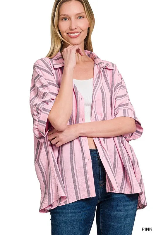 Woven yarn-dye stripe oversized button-down shirt by Zenana, featuring a relaxed fit and classic collar in natural tones.