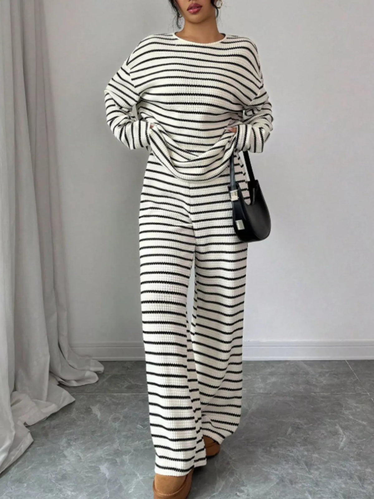 Striped relaxed fit top and pants set by Trendsi, casual and comfortable loungewear with a stylish relaxed silhouette.