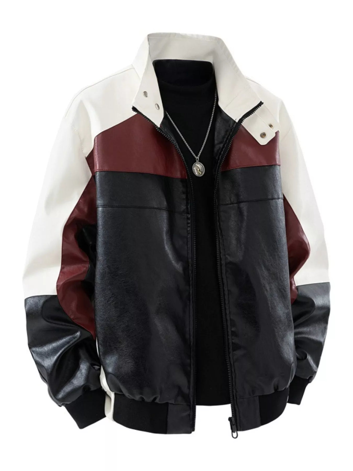 Men's black color block faux leather bomber jacket