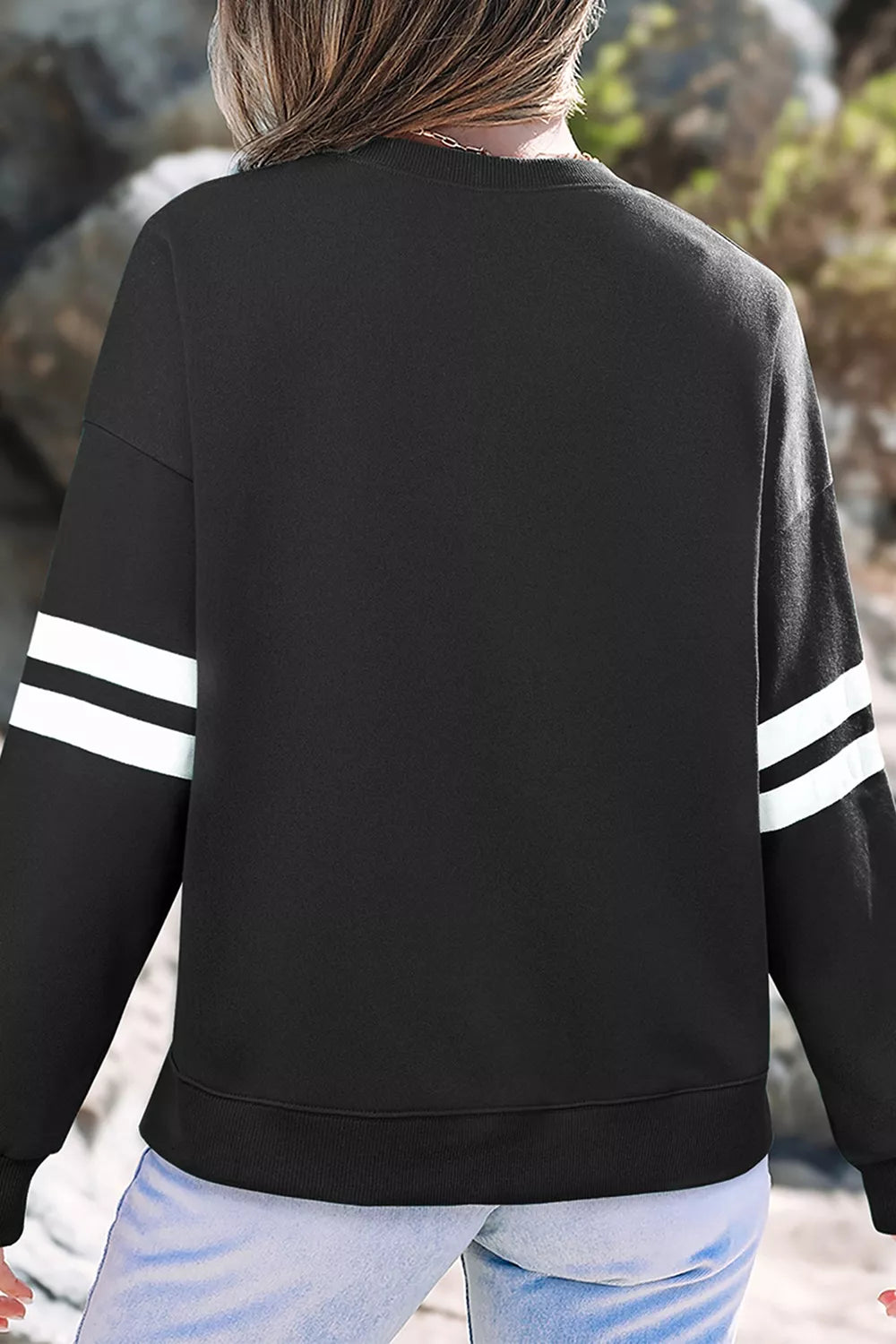 Black sweatshirt with rhinestone mallard and contrast striped sleeves, view 3