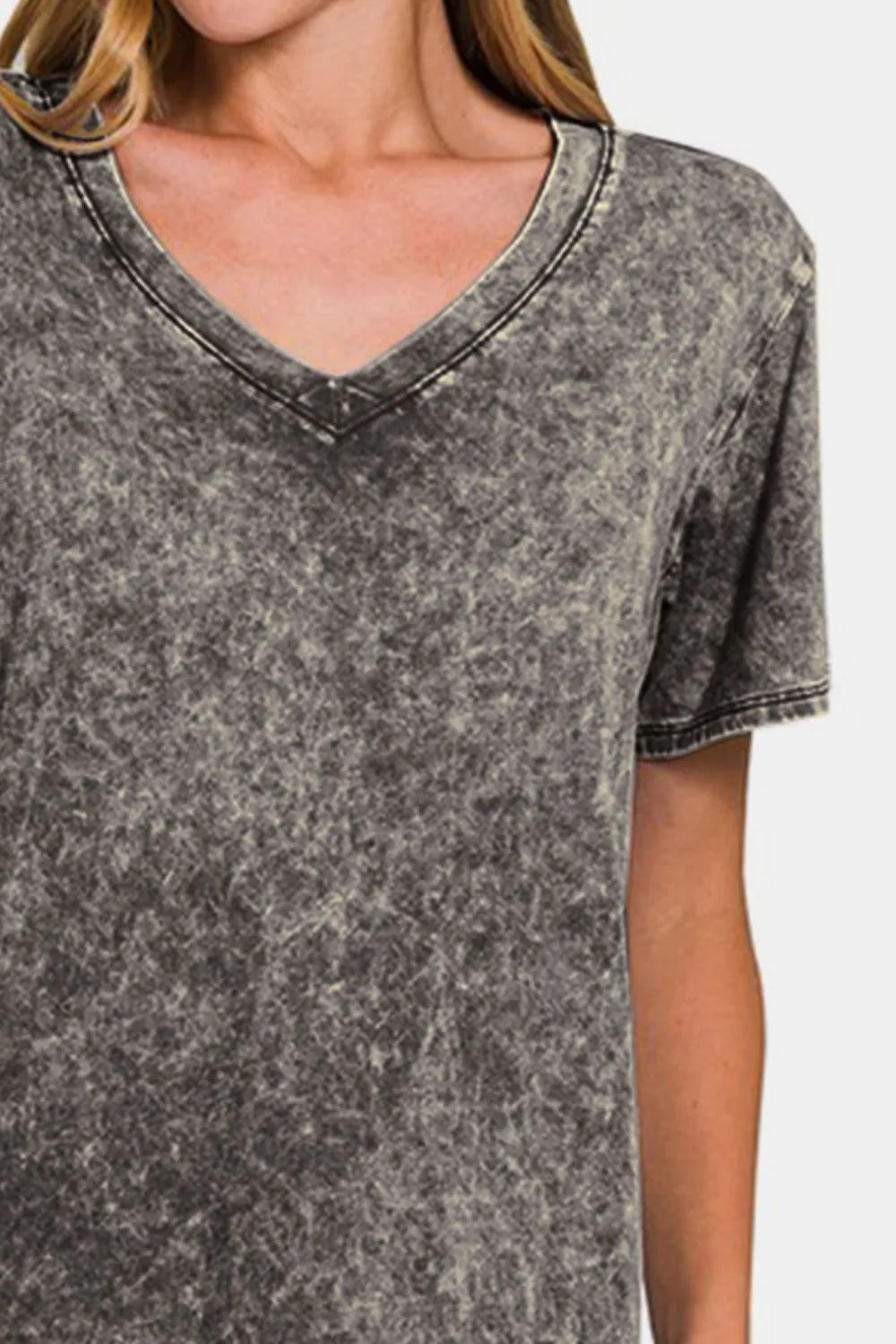 Full size Zenana washed short sleeve V-neck T-shirt in natural fabric, featuring a relaxed fit and classic V-neck design.
