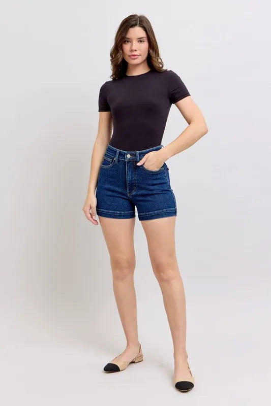 Plus size Judy Blue high waist denim shorts with tummy control and trendy fit, perfect for casual summer wear.