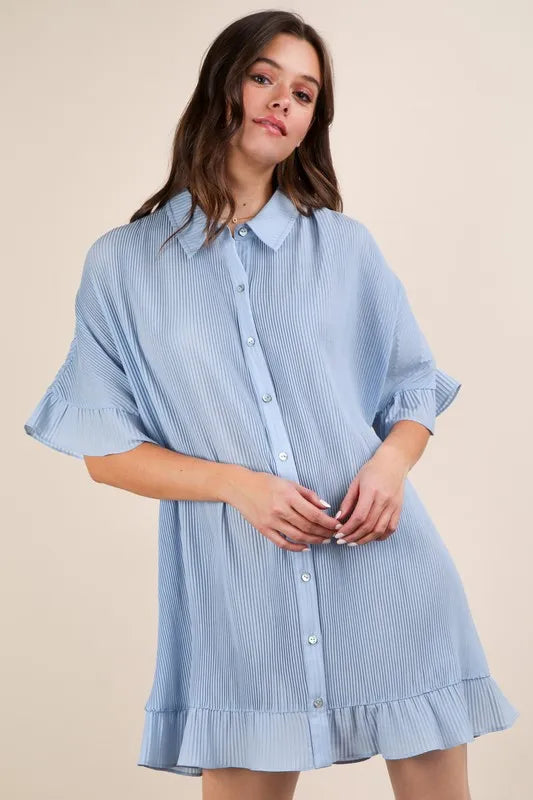 Trendsi Very J pleated detail button-down mini dress in lightweight fabric with a classic collar and long sleeves.