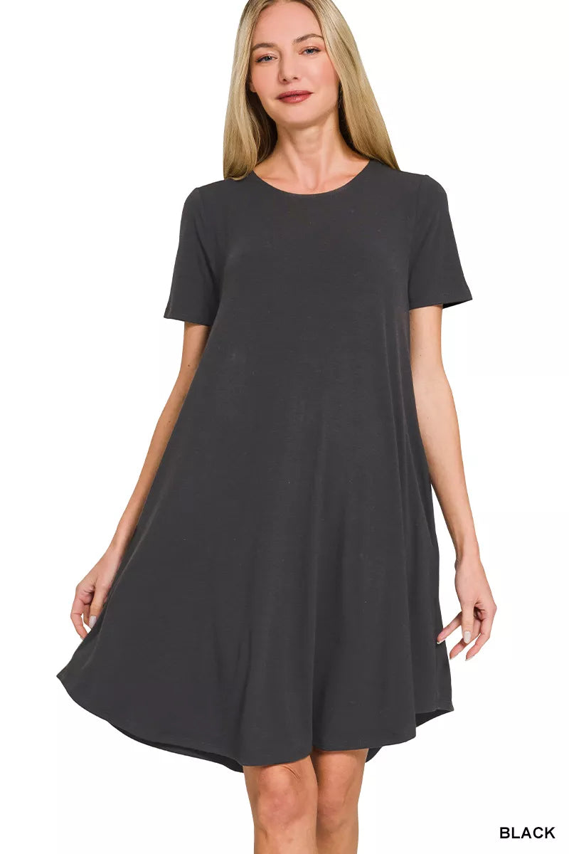 Zenana short sleeve round hem A-line dress with side pockets, casual style, in a soft fabric, designed by Trendsi.
