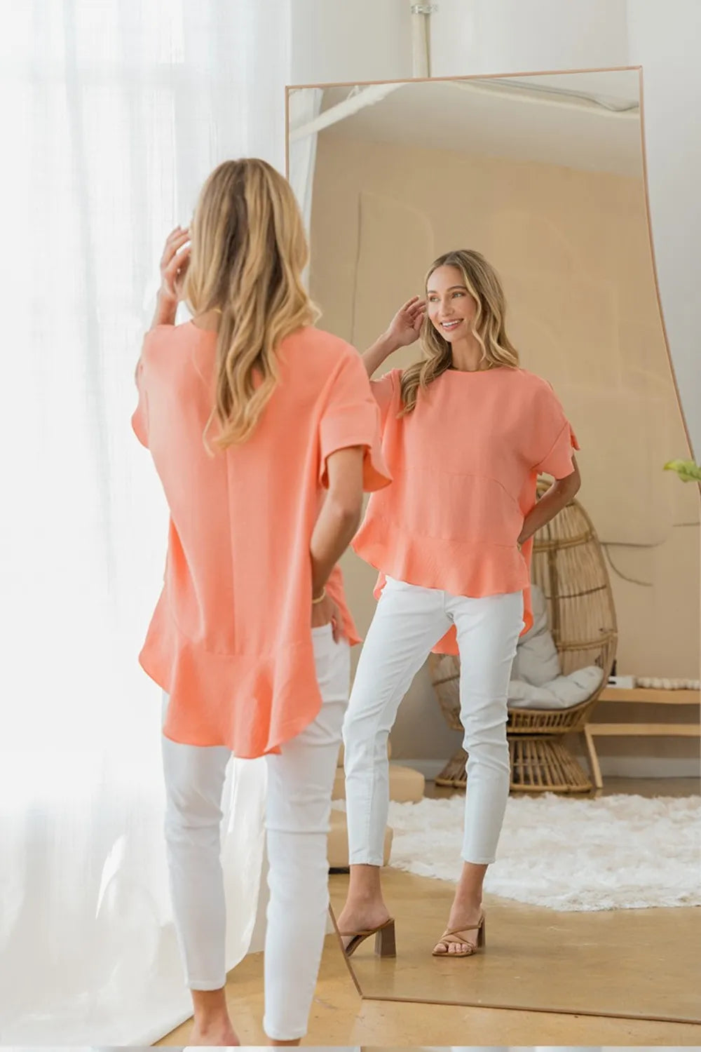 Sew In Love round neck ruffled top by Trendsi featuring a feminine design with ruffles and a classic fit.