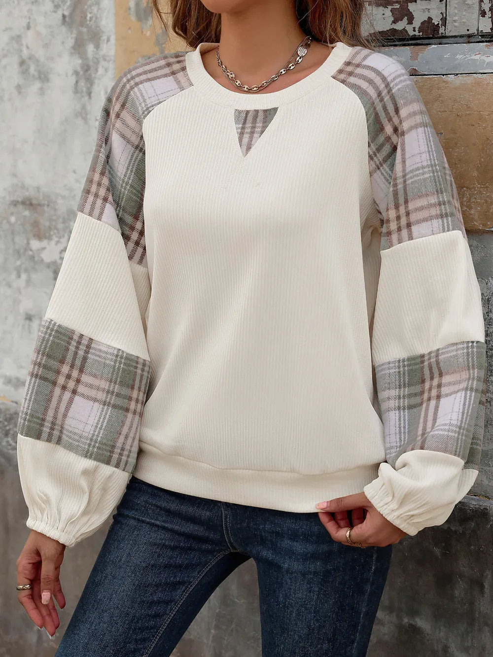 Cream plaid round neck long sleeve sweatshirt, view 3