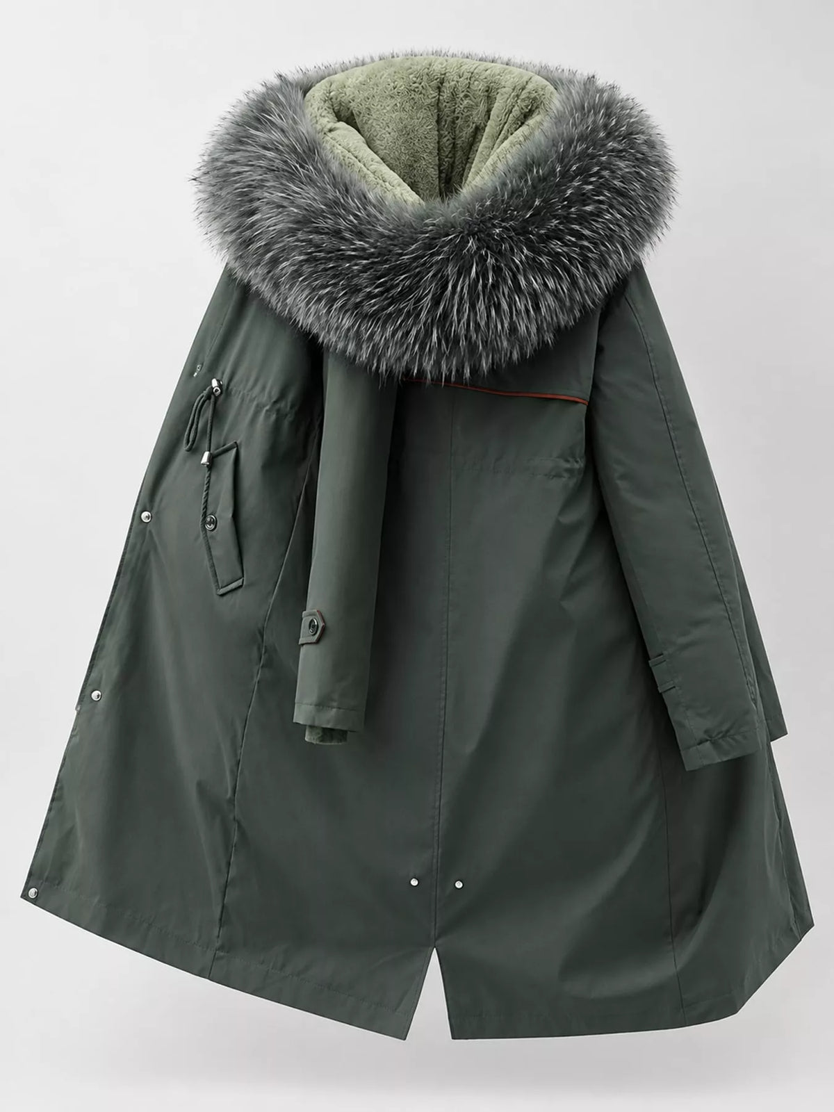 Longline hooded parka with faux fur trim and drawstring waist, view 20
