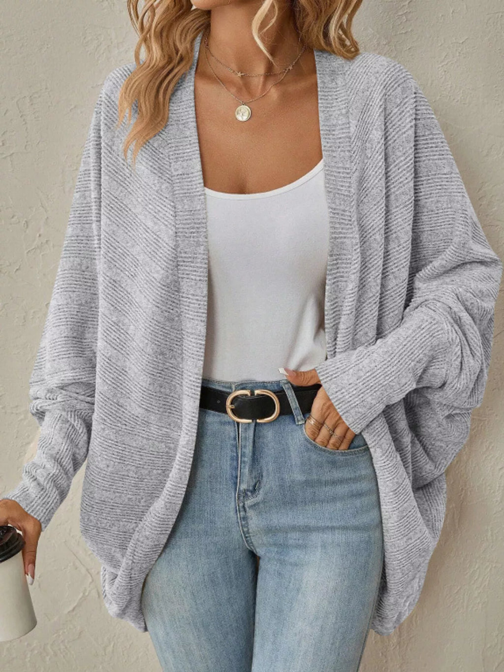 Open-front ribbed batwing sleeve cardigan, view 32