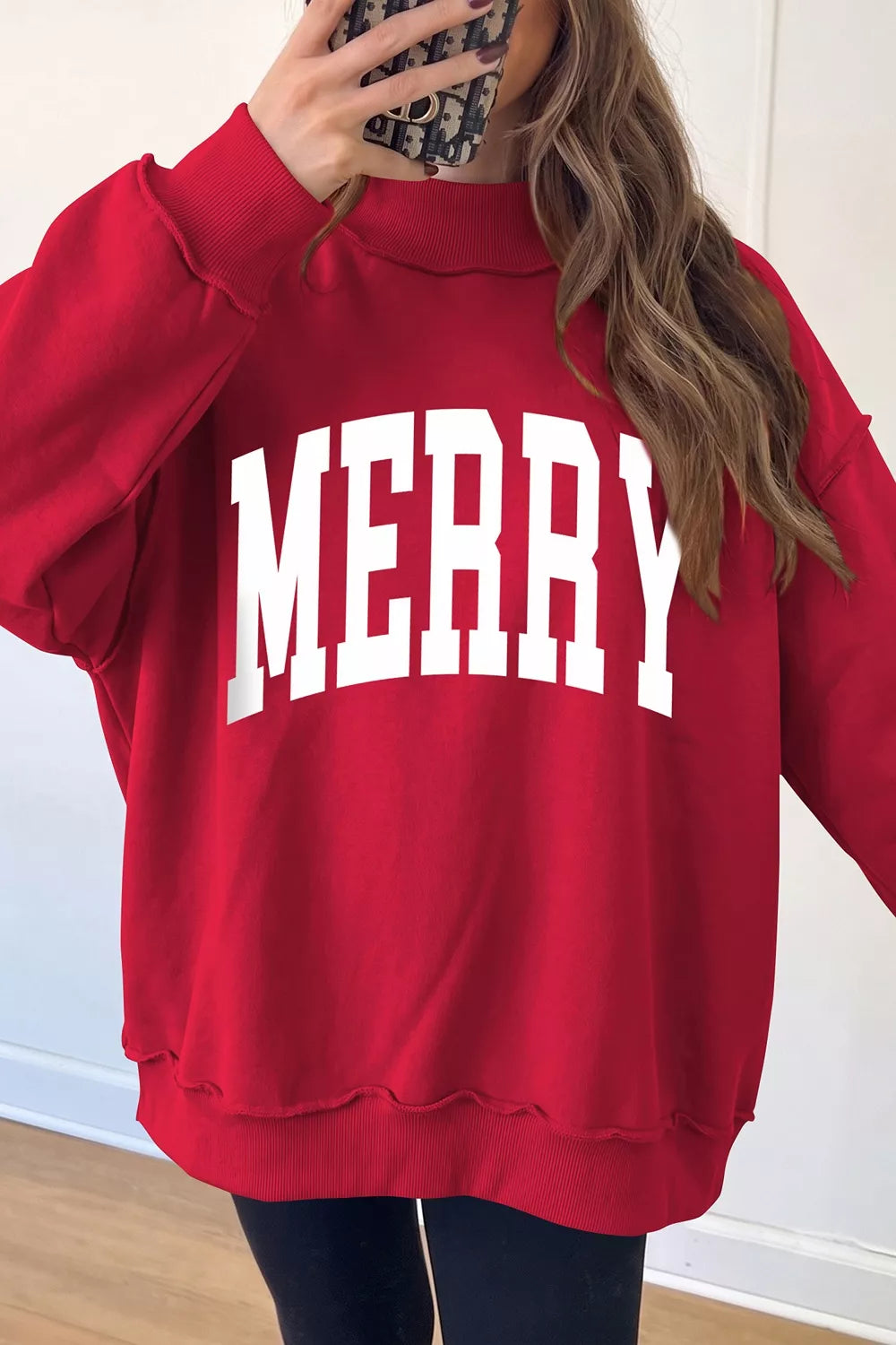 Deep red high neck tunic sweatshirt with MERRY slogan, view 5
