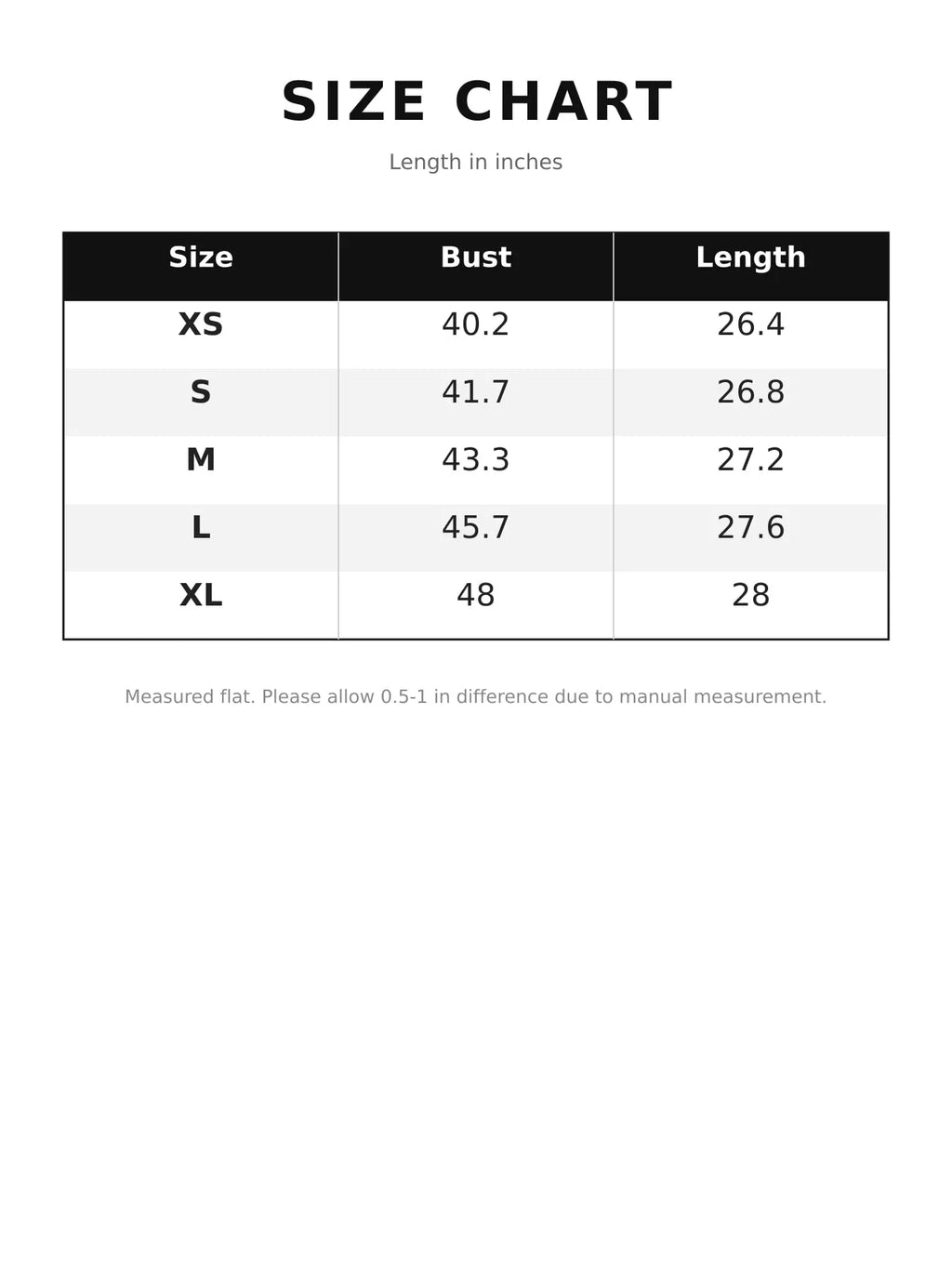 Size chart for light blue button-up dropped shoulder denim jacket