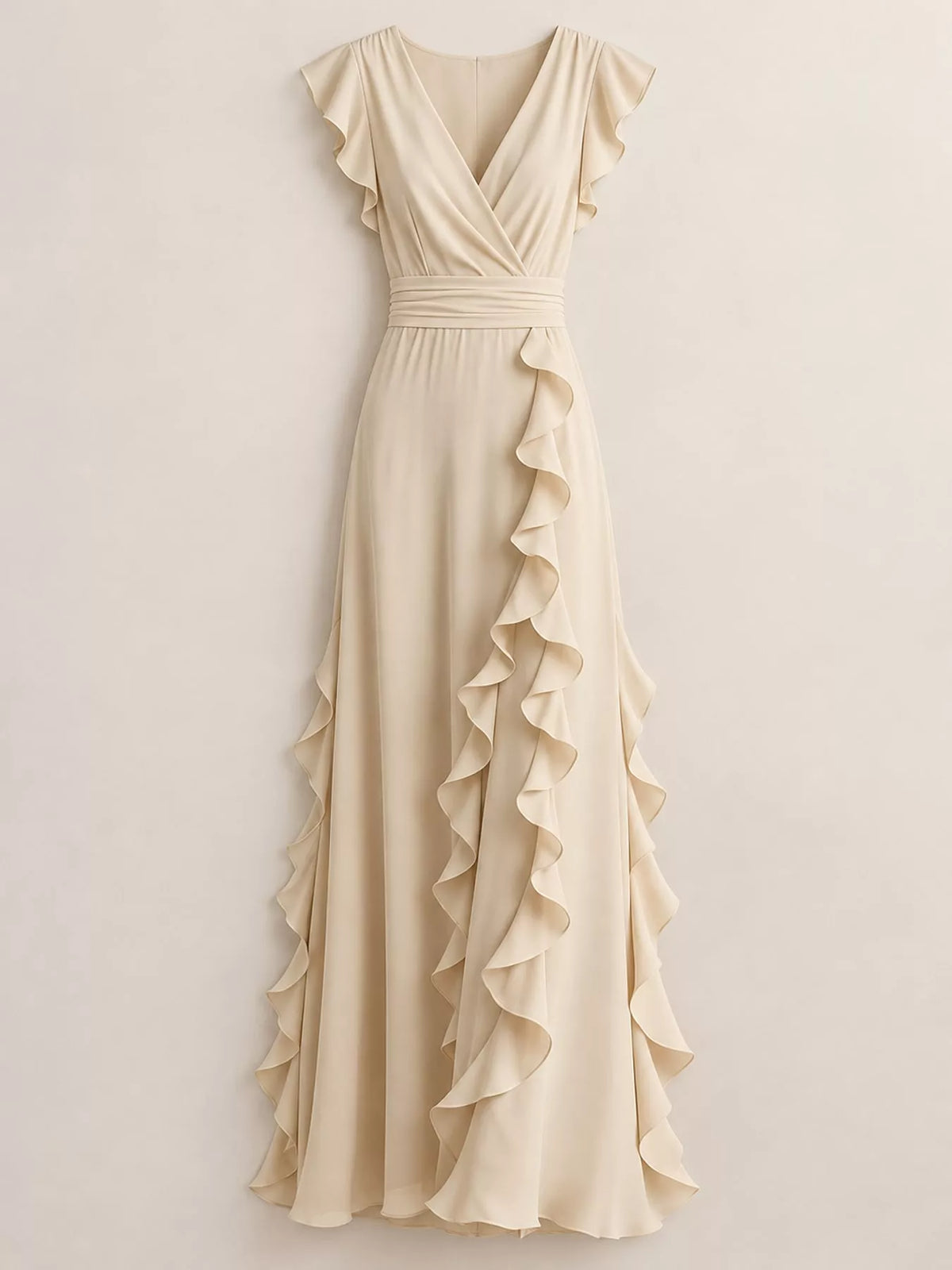 Ruffled surplice sleeveless maxi dress by Trendsi featuring flowing fabric and elegant design, perfect for summer or special occasions.
