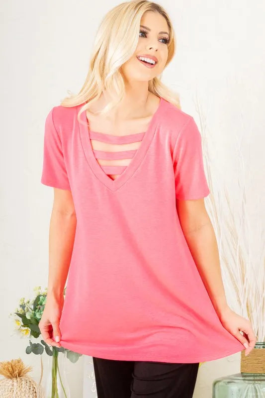 Plus size Heimish full size v-neck short sleeve t-shirt with bar detail, featuring a relaxed fit and stylish design.
