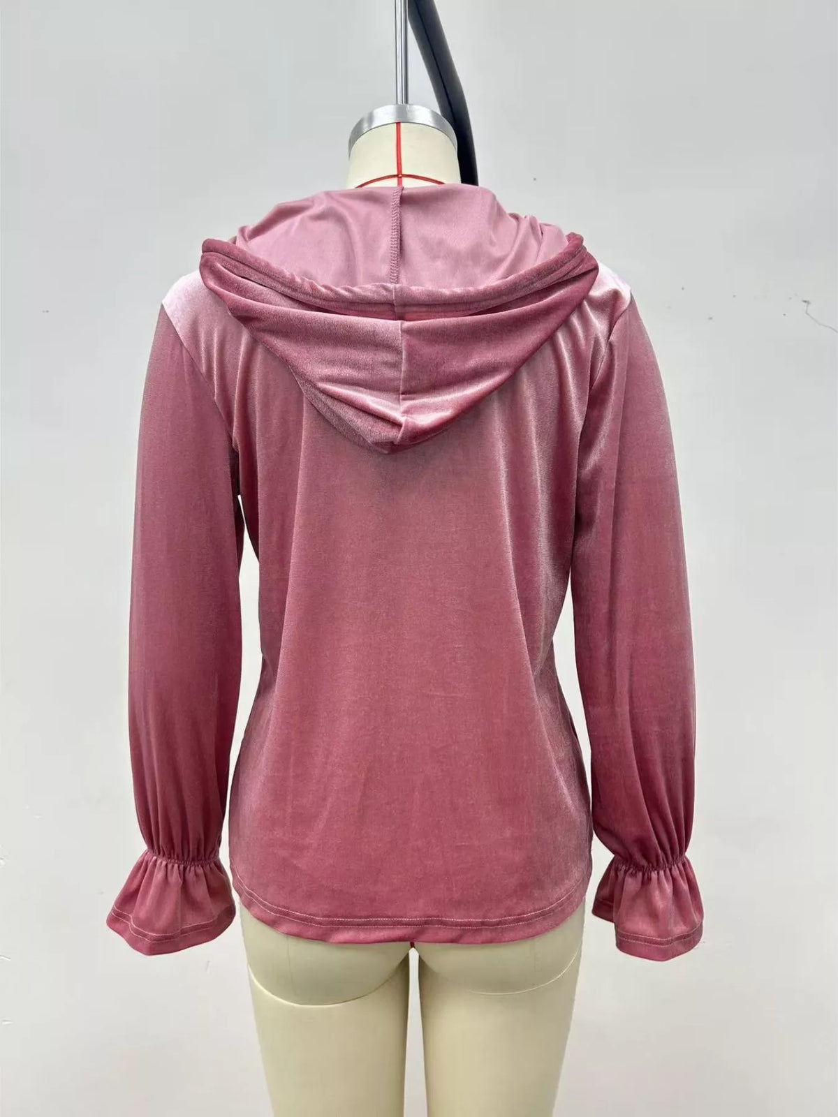 Plus size velvet button-down hooded jacket with ruffles, view 3