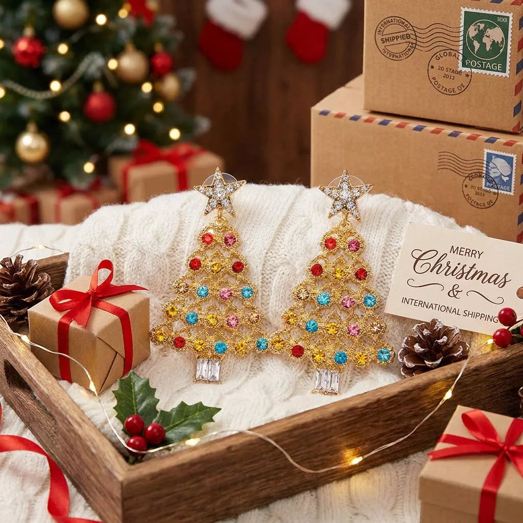 Christmas tree dangle earrings with zircon, view 2