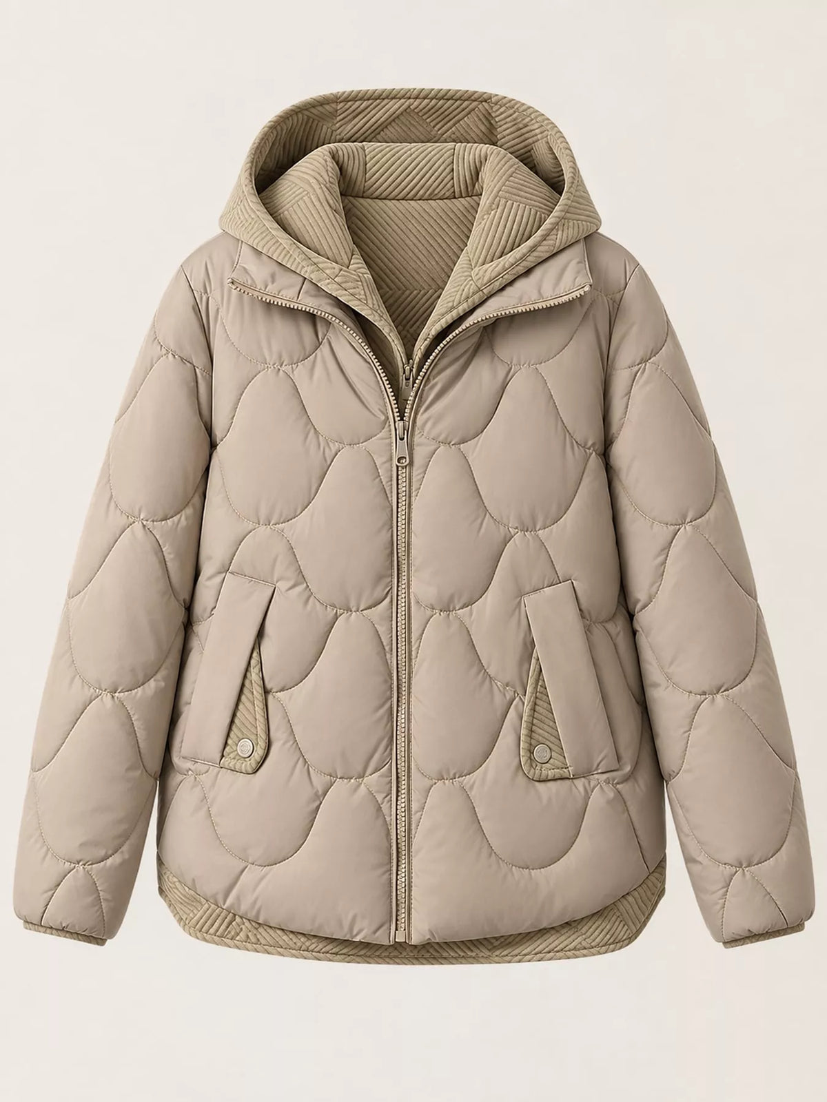 Plus size quilted hooded puffer jacket with snap buttons, view 16