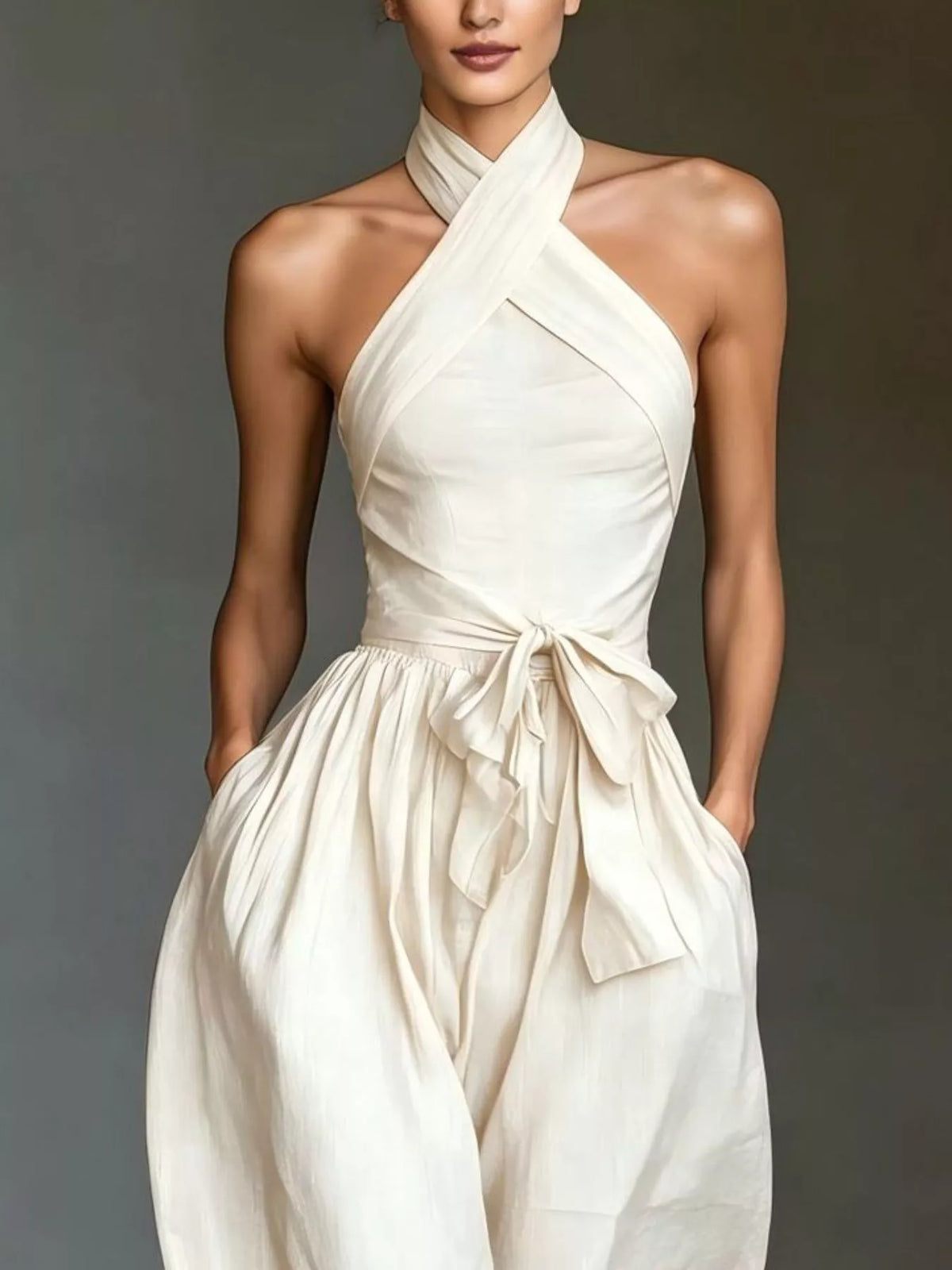 Halter neck wide-leg jumpsuit with waist-tie detail, stylish fashion piece by Trendsi, shown in black fabric with flowing silhouette